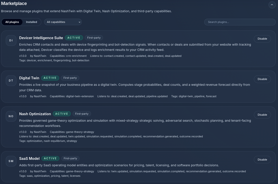 NashTwin plugin marketplace showing the core first-party plugins used to assemble a working operating model.