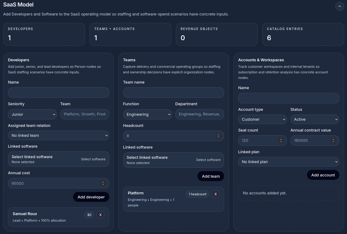 NashTwin SaaS model screen showing developers, teams, accounts, and related operating inputs.